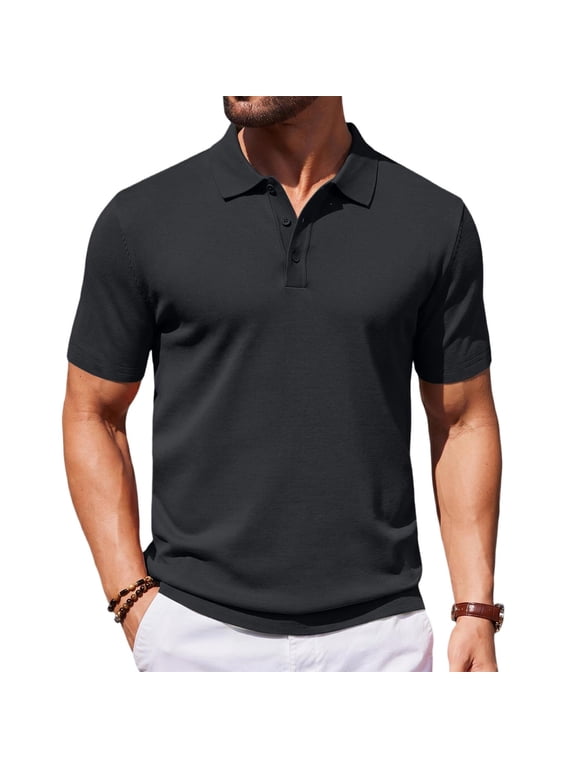 Men’s Classic Short Sleeve Polo Shirt with Turn Down Collar Button Closure for Business and Casual Wear Black L