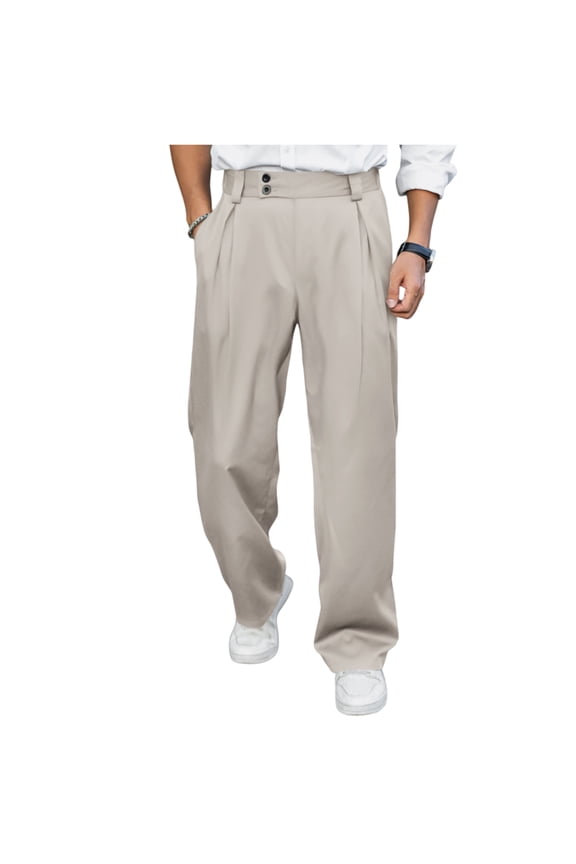Men’s Classic Wide Leg Trousers Loose Fit High Waist Double Pleated Front Suit Pants with Button Closure for Office Business Casual Beige XL