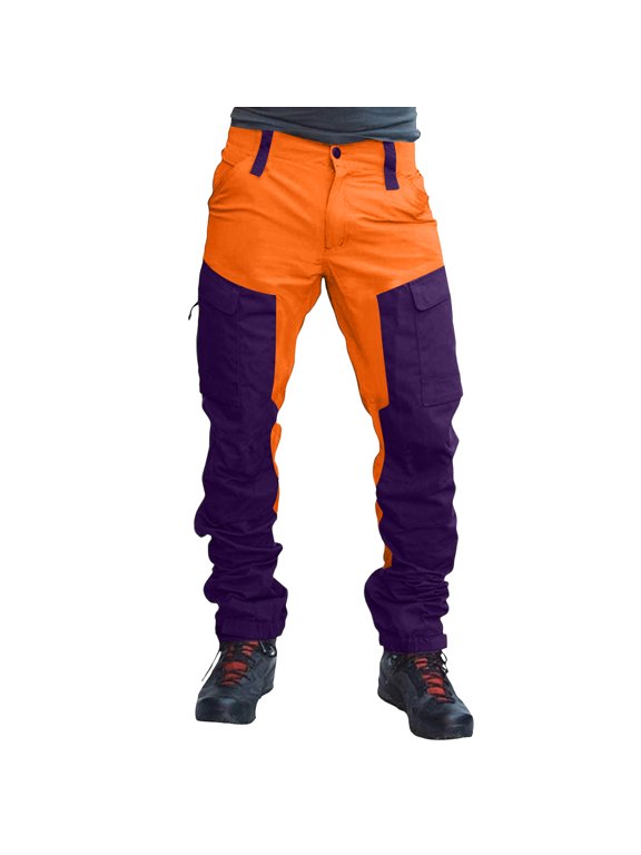 Men's Color Block Multi Pocket Cargo Pants Regular Fit Casual Outdoor Work Trousers For Daily Hiking Travel Wear Without Belt Orange 3XL
