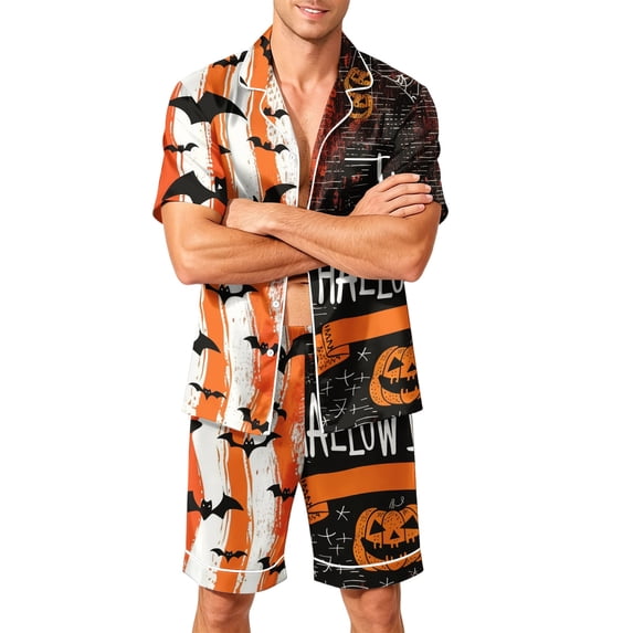 Delconic Men's Halloween Short Sleeve Button Down Pajama Set with Printed Top and Elastic Waist Shorts S to XXXXL for Homewear White 4XL