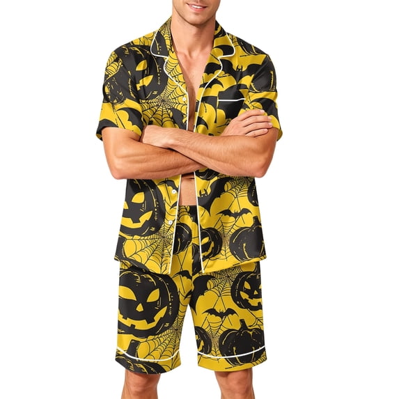 Delconic Men's Halloween Short Sleeve Button Down Pajama Set with Printed Top and Elastic Waist Shorts S to XXXXL for Homewear Yellow 4XL