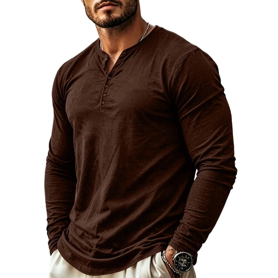 Delconic Men's Long Sleeve Henley Shirts Casual Cotton Shirt Soft Lightweight Pullover 3-Button Shirt Spring Basic Tops Brown L