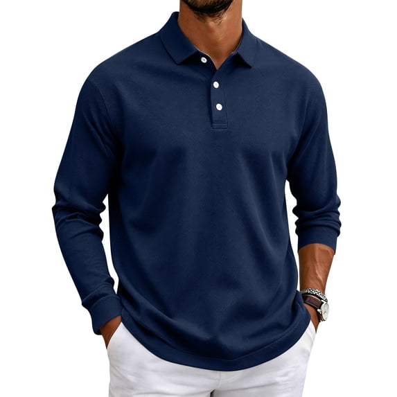 Delconic Men's Polo Shirt Long Sleeve Moisture Wicking Golf Shirts Sun Protection Collared Work Shirts Navy L