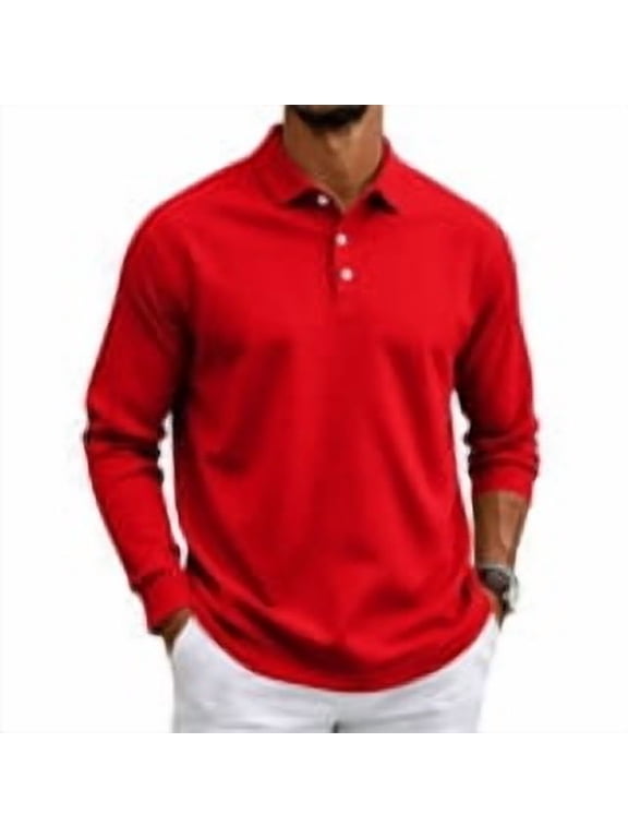 Men's Polo Shirt Long Sleeve Moisture Wicking Golf Shirts Sun Protection Collared Work Shirts Red XL
