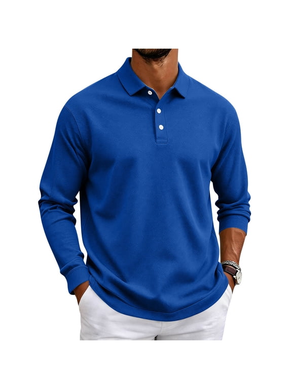 Men's Polo Shirt Long Sleeve Moisture Wicking Golf Shirts Sun Protection Collared Work Shirts Royal Blue M
