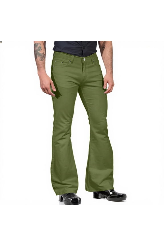 Men's Relaxed Vintage 70s Bell Bottom Stretch Fit Classic Trousers Comfort Flared Flares Retro Leg Denim Jeans Pant Army Green L
