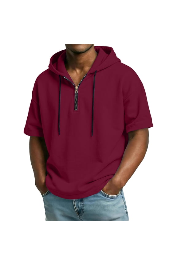 Men’s Short Sleeve Hoodie with Half Zip Front Casual Pullover Drawstring Hooded Top Comfortable Fit Wine M