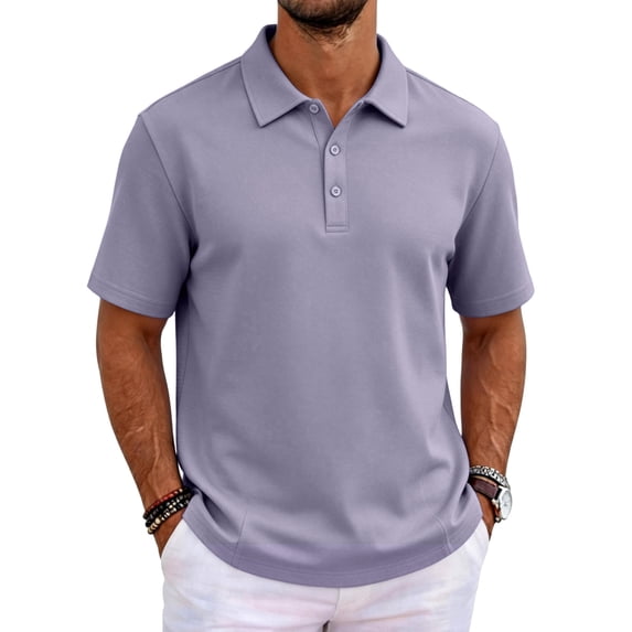 Delconic Men’s Short Sleeve Polo Shirt Breathable Fabric with Classic Turn Down Collar and Three Button Placket for Casual Daily Outdoor Wear Light Purple M