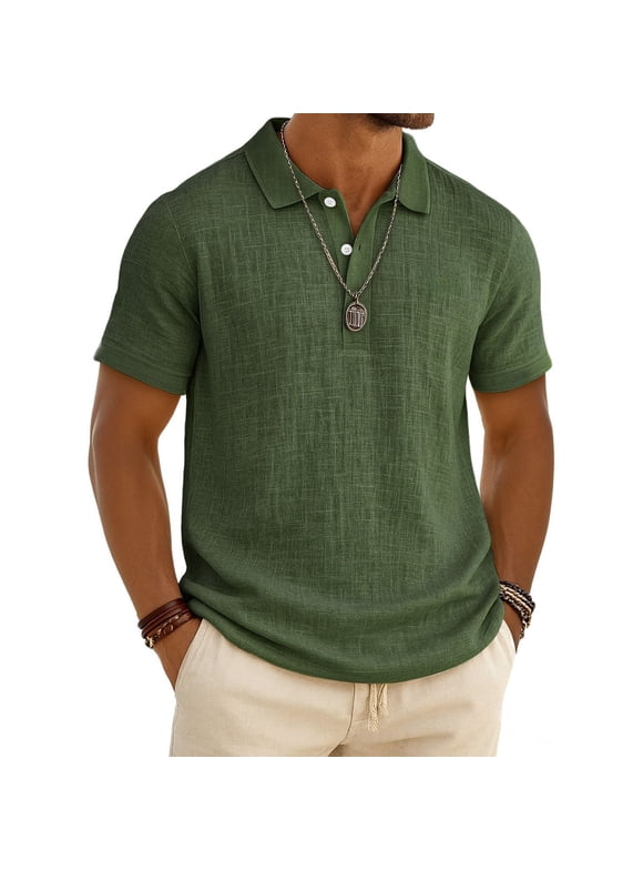 Men’s Short Sleeve Polo Shirt Casual Lightweight Breathable Linen Blend Classic Fit Collared Top for Daily Wear Army Green L