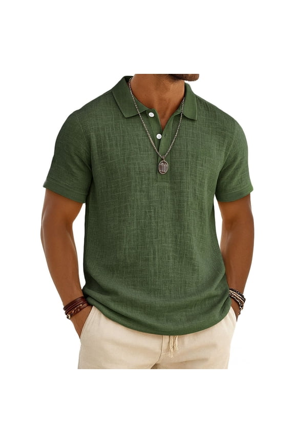 Men’s Short Sleeve Polo Shirt Casual Lightweight Breathable Linen Blend Classic Fit Collared Top for Daily Wear Army Green L