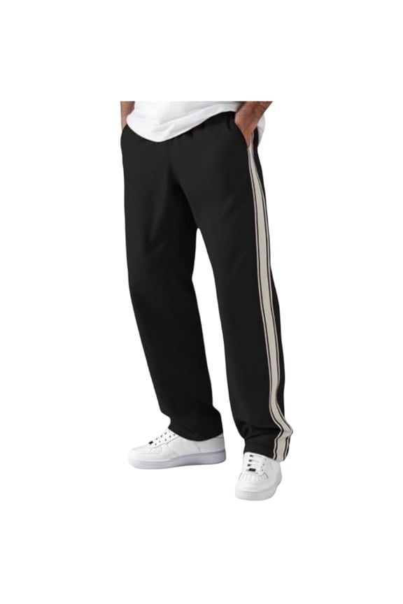 Men’s Straight Leg Track Pants with Side Stripe Loose Fit Drawstring Waist Casual Sportswear Trousers for Everyday Wear Black XL