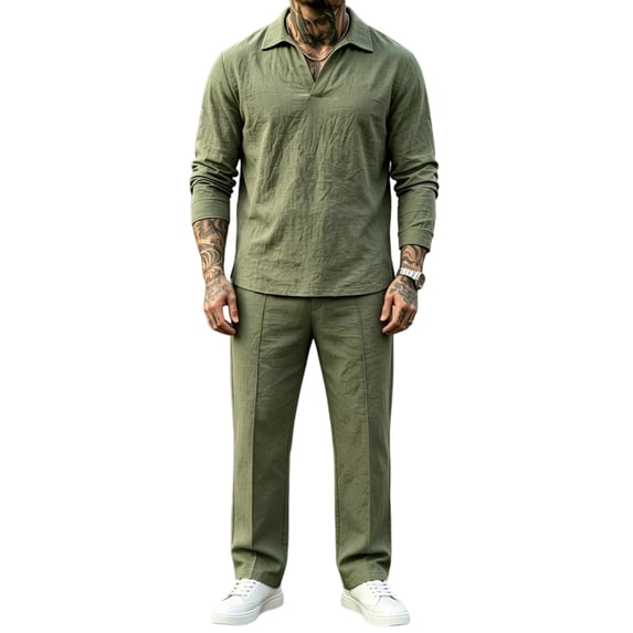 Delconic Mens Casual Cotton Linen Two Piece Set Long Sleeve Collared Pullover Top and Drawstring Straight Leg Pants Outfit Army Green L