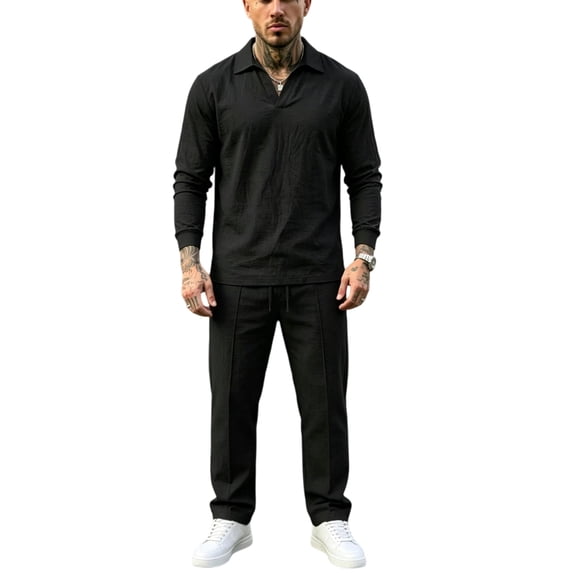 Delconic Mens Casual Cotton Linen Two Piece Set Long Sleeve Collared Pullover Top and Drawstring Straight Leg Pants Outfit Black S