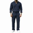 thumbnail image 1 of Delconic Mens Casual Cotton Linen Two Piece Set Long Sleeve Collared Pullover Top and Drawstring Straight Leg Pants Outfit Navy S, 1 of 6