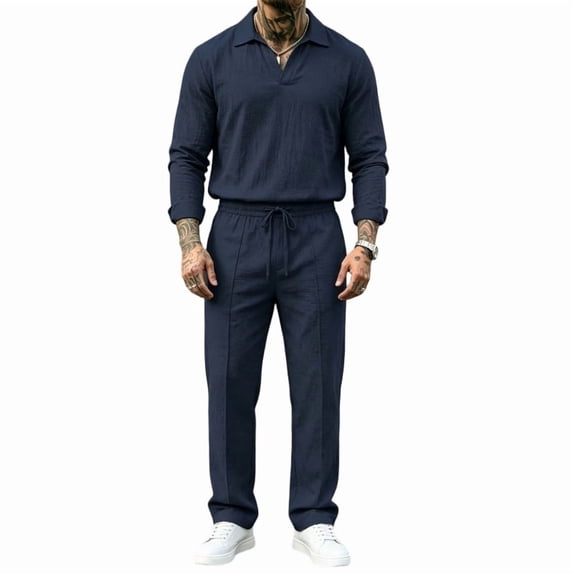 Delconic Mens Casual Cotton Linen Two Piece Set Long Sleeve Collared Pullover Top and Drawstring Straight Leg Pants Outfit Navy S