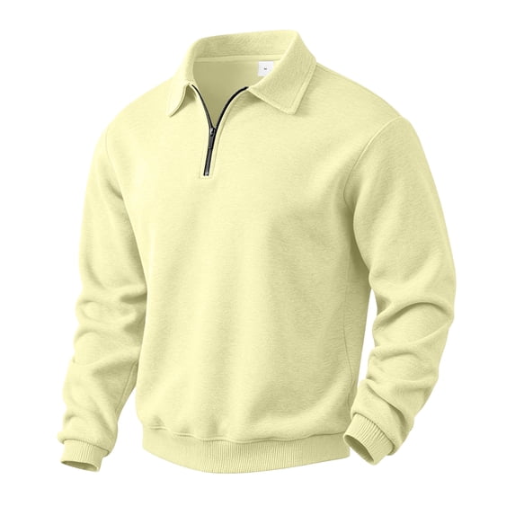 Delconic Mens Casual Fleece Pullover Sweatshirt with Mock Neck Quarter Zip Long Sleeve Relaxed Fit Knit Rib Cuffs Hem Top Beige L