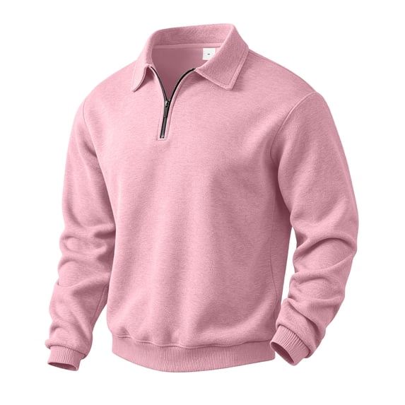 Delconic Mens Casual Fleece Pullover Sweatshirt with Mock Neck Quarter Zip Long Sleeve Relaxed Fit Knit Rib Cuffs Hem Top Pink S