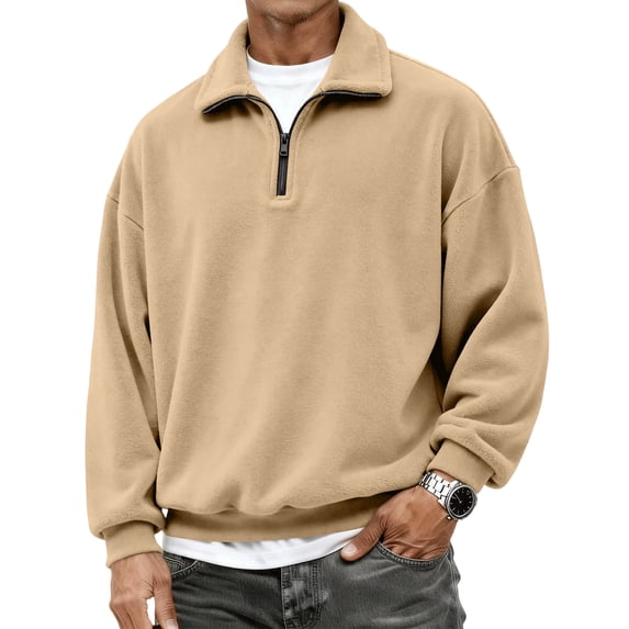 Delconic Mens Casual Fleece Sweatshirt Quarter Zip Mock Neck Long Sleeve Pullover Loose Fit Soft Knit Sports Top for Daily Wear Khaki XL
