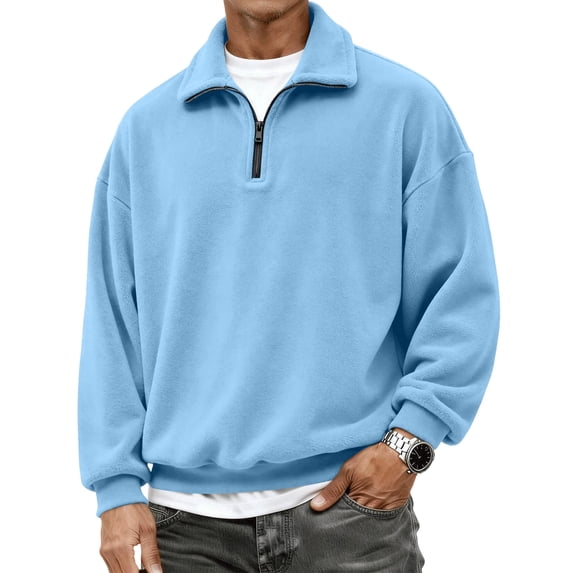 Delconic Mens Casual Fleece Sweatshirt Quarter Zip Mock Neck Long Sleeve Pullover Loose Fit Soft Knit Sports Top for Daily Wear Light Blue 3XL