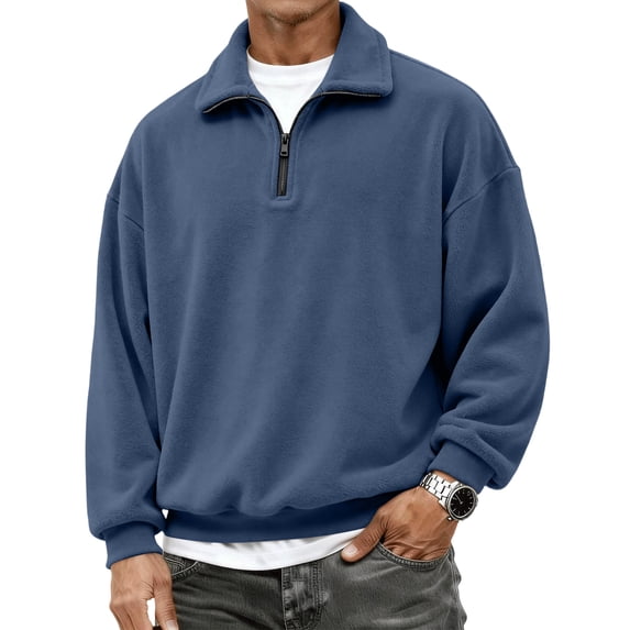 Delconic Mens Casual Fleece Sweatshirt Quarter Zip Mock Neck Long Sleeve Pullover Loose Fit Soft Knit Sports Top for Daily Wear Navy 2XL