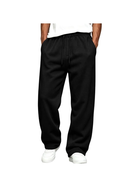 Mens Casual Loose Fit Sweatpants Drawstring Elastic Waist Straight Leg Long Pants with Pockets for Daily Wear Black L