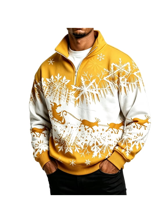Mens Casual Quarter Zip Stand Collar Sweatshirt Long Sleeve Fleece Lined Pullover with Snowflake Reindeer Print Yellow L