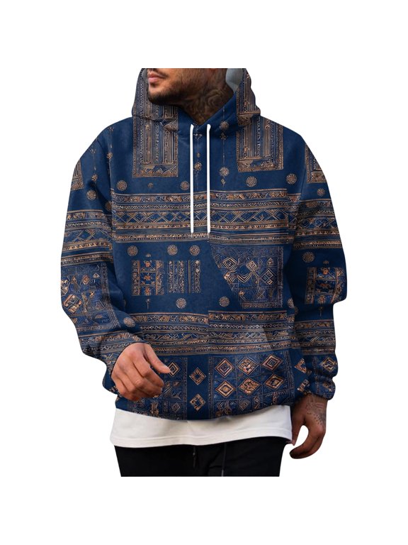Mens Casual Vintage Patchwork Print Hoodie Long Sleeve Pullover with Single Pocket Drawstring Hood Relaxed Fit Top Navy L