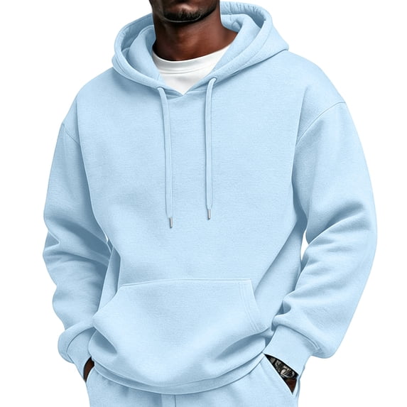 Delconic Mens Classic Casual Fleece Hoodie Pullover Drawstring Hood Long Sleeve Relaxed Fit Kangaroo Pocket Everyday Sweatshirt Light Blue L