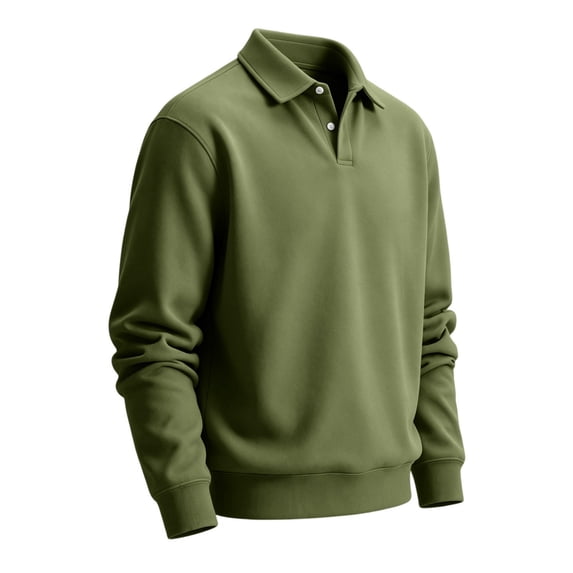 Delconic Mens Classic Polo Sweatshirt Long Sleeve Collared Pullover Casual Knit Top Regular Fit Button Placket Everyday Shirt Army Green L