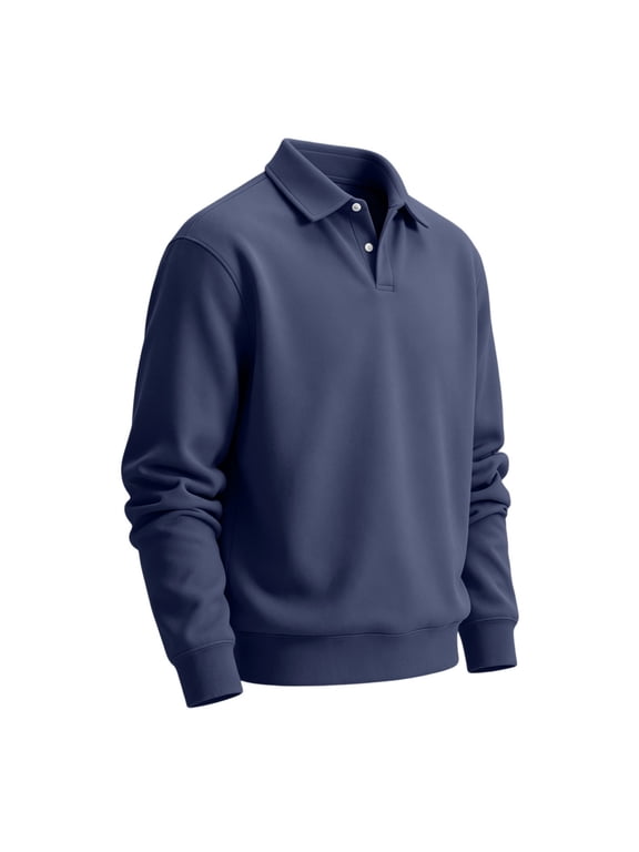 Mens Classic Polo Sweatshirt Long Sleeve Collared Pullover Casual Knit Top Regular Fit Button Placket Everyday Shirt Navy M