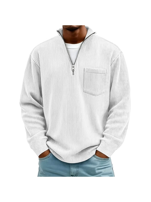Mens Classic Retro Corduroy Long Sleeve Pullover Top Quarter Zip Stand Collar Casual Shirt with Single Chest Pocket White 3XL