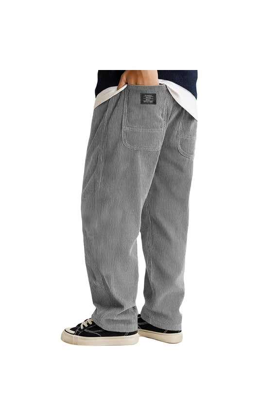 Mens Corduroy Loose Fit Trousers Straight Leg Casual Pants With Patch Pockets And Elastic Waistband For Daily Wear Gray L