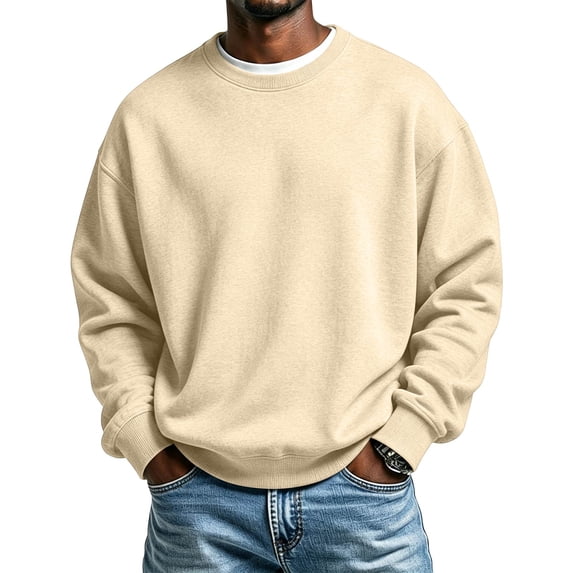 Delconic Mens Crewneck Long Sleeve Sweatshirt Pullover Casual Loose Fit Fleece Sweatshirt Ribbed Cuffs and Hem Basic Style Beige L