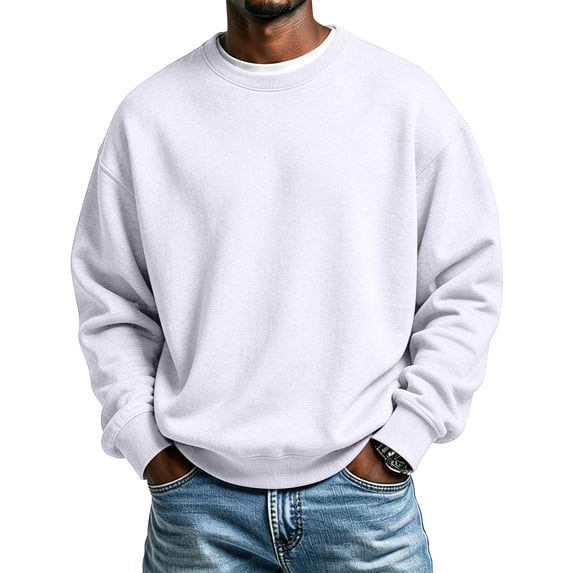 Delconic Mens Crewneck Long Sleeve Sweatshirt Pullover Casual Loose Fit Fleece Sweatshirt Ribbed Cuffs and Hem Basic Style White 3XL