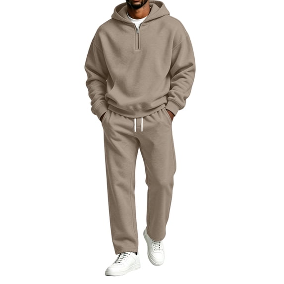Delconic Mens Fleece 2 Piece Outfit Quarter Zip Hooded Sweatshirt and Loose Straight Leg Sweatpants Pullover Set Camel 2XL