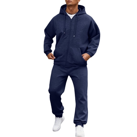 Delconic Mens Fleece Hoodie and Jogger Set Two Piece Casual Outdoor Sports Tracksuit with Drawstring Top and Elastic Waist Pants Navy XL