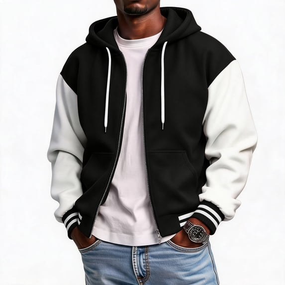 Delconic Mens Fleece Lined Hooded Bomber Jacket Casual Zip Up Baseball Outerwear Ribbed Cuff Hem Regular Fit Coat Black L