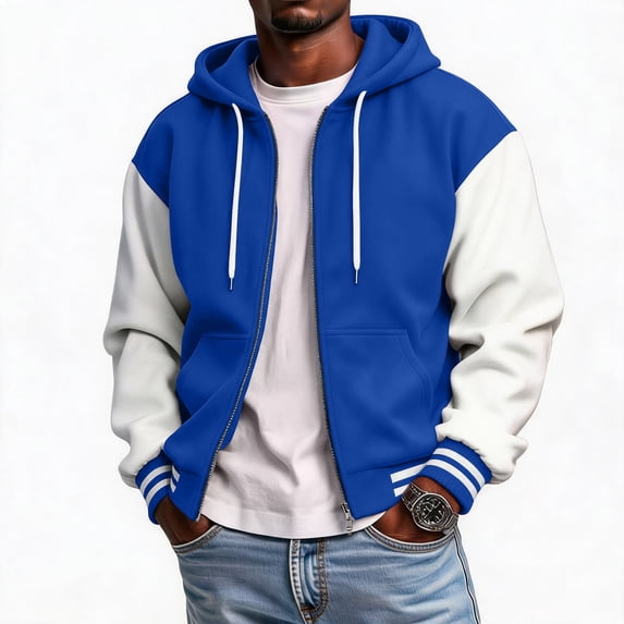 Delconic Mens Fleece Lined Hooded Bomber Jacket Casual Zip Up Baseball Outerwear Ribbed Cuff Hem Regular Fit Coat Blue M
