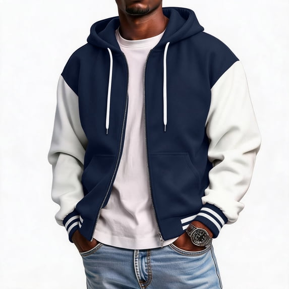 Delconic Mens Fleece Lined Hooded Bomber Jacket Casual Zip Up Baseball Outerwear Ribbed Cuff Hem Regular Fit Coat Navy M