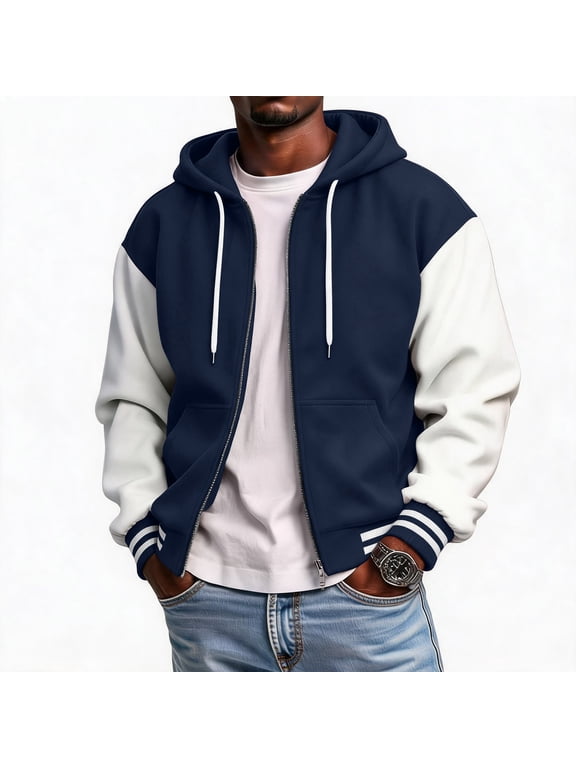 Mens Fleece Lined Hooded Bomber Jacket Casual Zip Up Baseball Outerwear Ribbed Cuff Hem Regular Fit Coat Navy XL