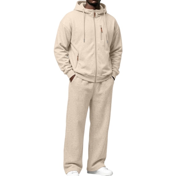 Delconic Mens Fleece Lined Hooded Tracksuit Set Loose Fit Zip Front Sweat Jacket and Straight Leg Pants Two Piece Outfit Beige L