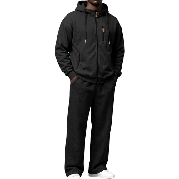 Delconic Mens Fleece Lined Hooded Tracksuit Set Loose Fit Zip Front Sweat Jacket and Straight Leg Pants Two Piece Outfit Black S
