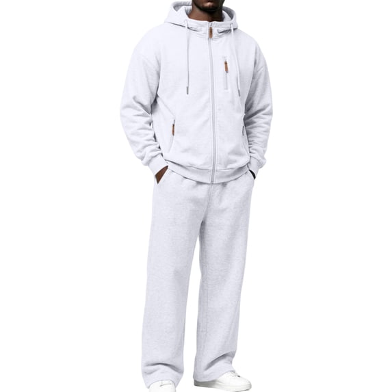 Delconic Mens Fleece Lined Hooded Tracksuit Set Loose Fit Zip Front Sweat Jacket and Straight Leg Pants Two Piece Outfit White 2XL
