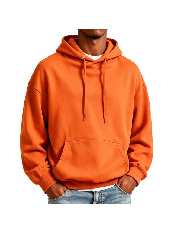 Mens Fleece Lined Hoodie Pullover Sweatshirt Loose Fit Drawstring Hood Long Sleeve Kangaroo Pocket Casual Top Saffron L