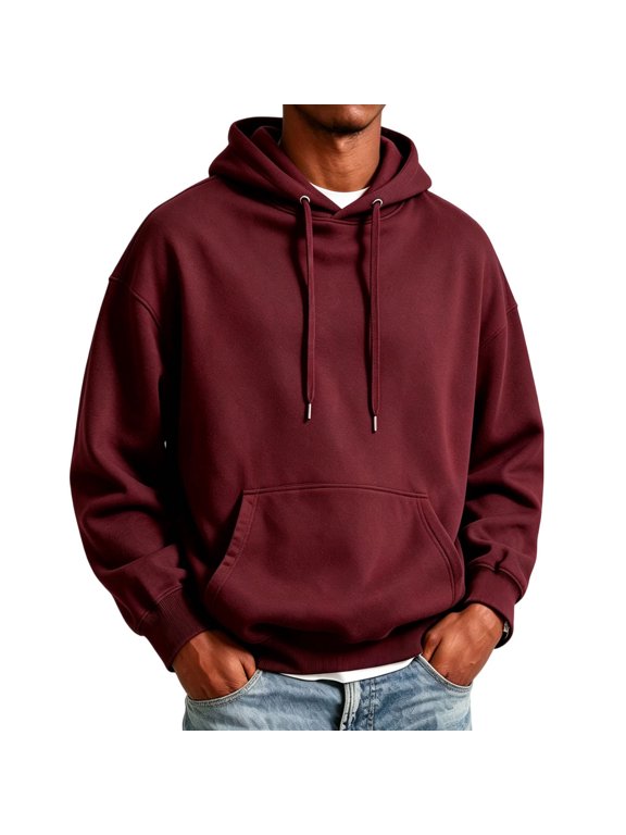 Mens Fleece Lined Hoodie Pullover Sweatshirt Loose Fit Drawstring Hood Long Sleeve Kangaroo Pocket Casual Top Wine 3XL
