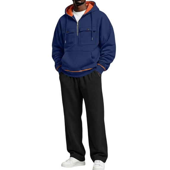 Delconic Mens Fleece Lined Hoodie and Straight Leg Pants Set Loose Fit Long Sleeve Half Zip Pullover Two Piece Tracksuit Navy S