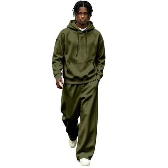 Delconic Mens Fleece Lined Tracksuit Set Hoodie and Wide Leg Pants Two Piece Casual Loose Fit Pullover Sweat Suit Army Green L