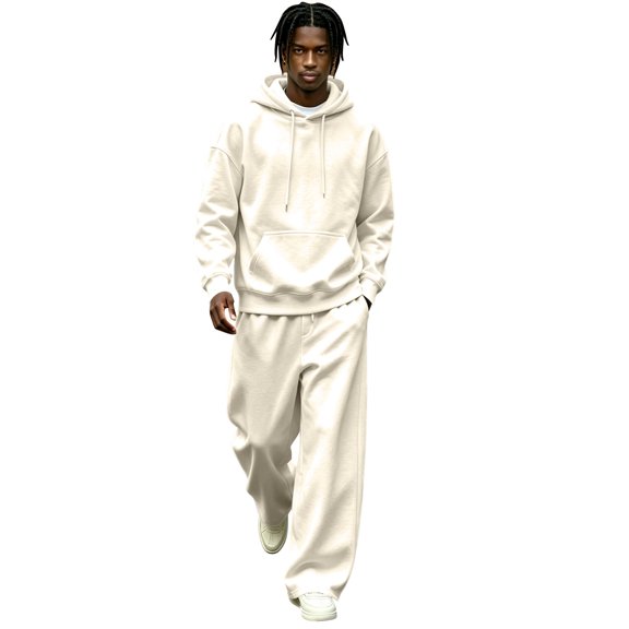 Delconic Mens Fleece Lined Tracksuit Set Hoodie and Wide Leg Pants Two Piece Casual Loose Fit Pullover Sweat Suit Beige M