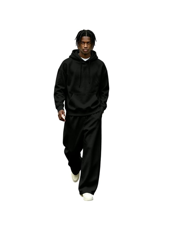 Mens Fleece Lined Tracksuit Set Hoodie and Wide Leg Pants Two Piece Casual Loose Fit Pullover Sweat Suit Black M