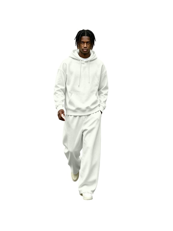 Mens Fleece Lined Tracksuit Set Hoodie and Wide Leg Pants Two Piece Casual Loose Fit Pullover Sweat Suit White 2XL